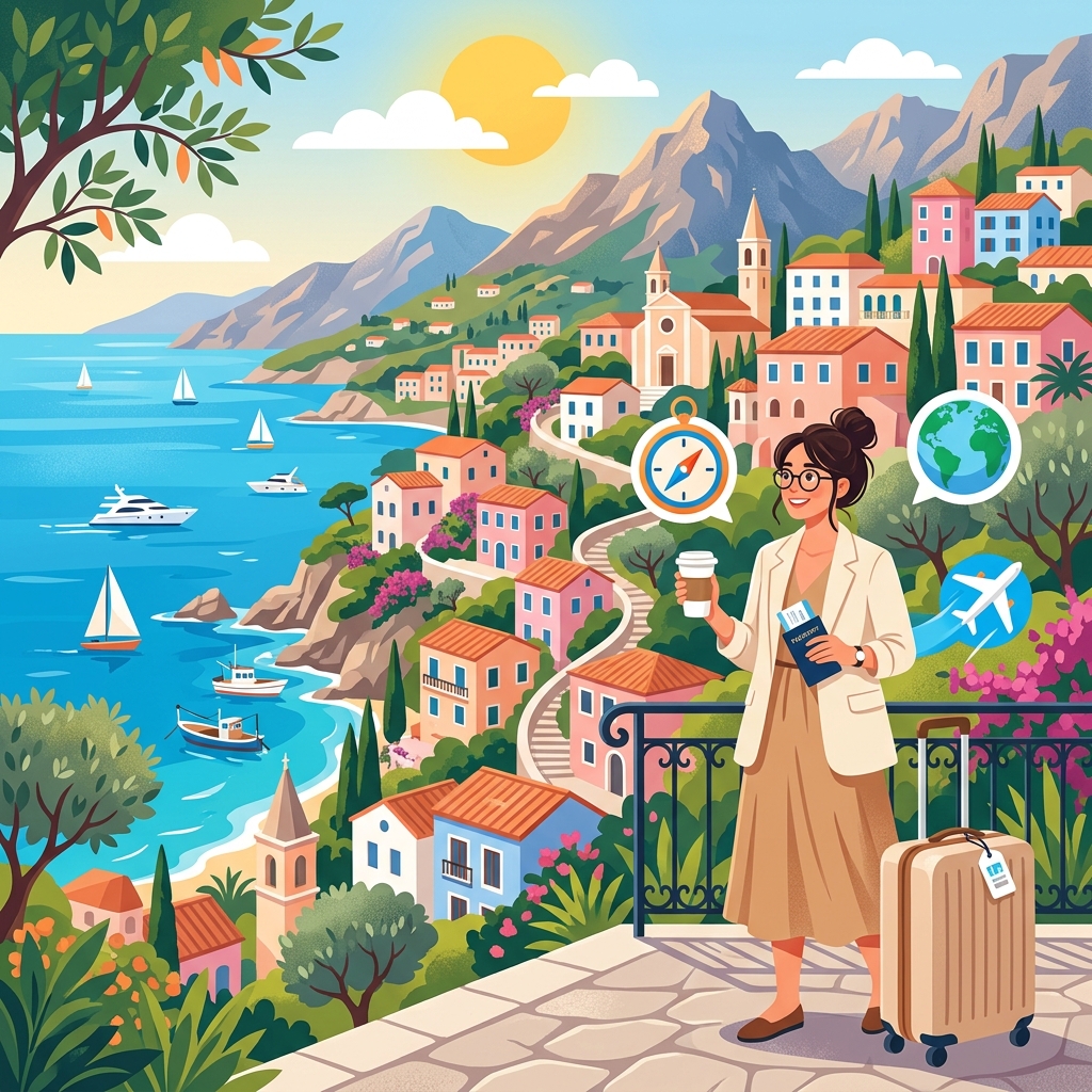 Travel illustration showing a Mediterranean coastal town with a stylish woman traveler